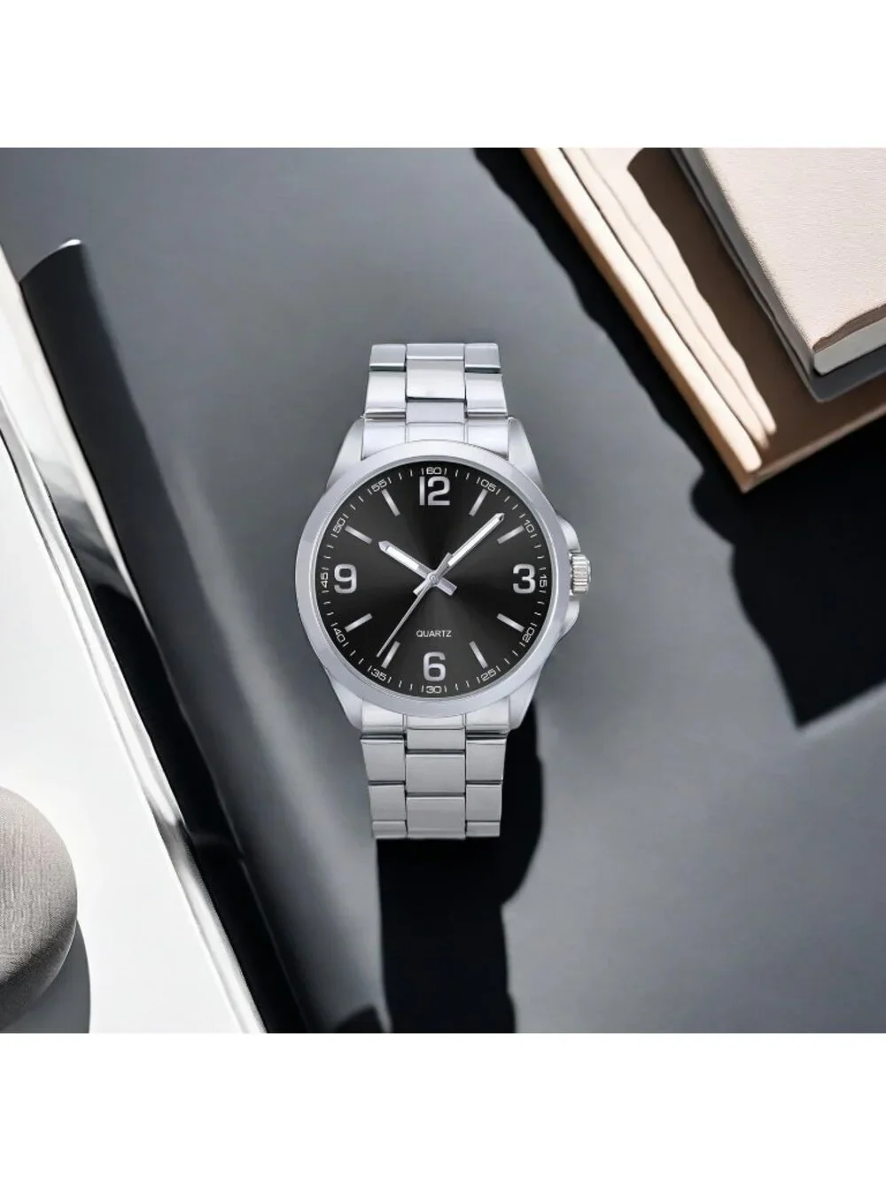 Men's Silver And Black Analog Stainless Steel Case Arabic Numerals Classic Watch